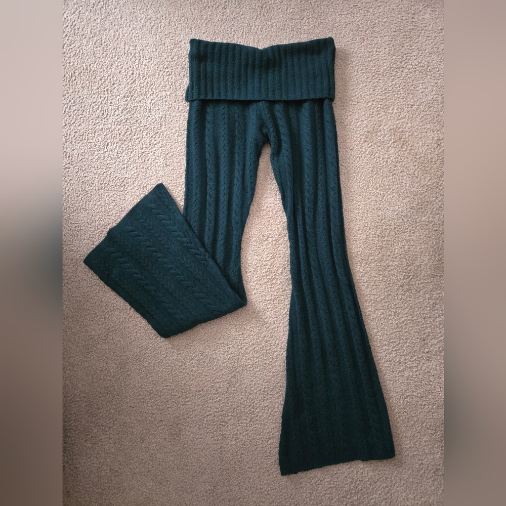 Pink Collegiate Cable-Knit Foldover Flare Pants